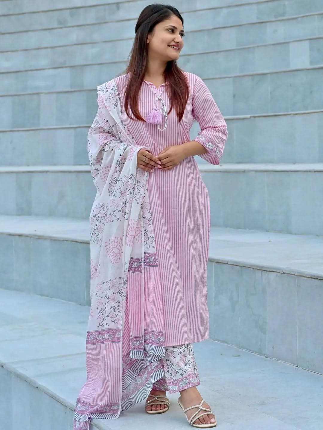 Libas Pink Printed Cotton Straight Kurta With Trousers & Dupatta