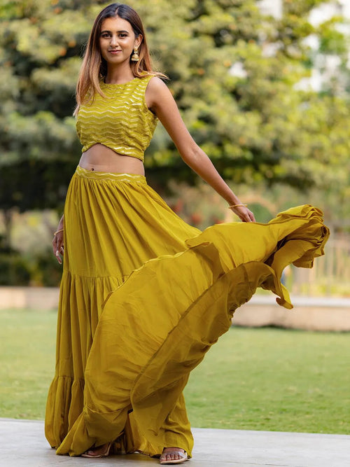 Libas Mustard Embroidered Georgette Lehenga Set