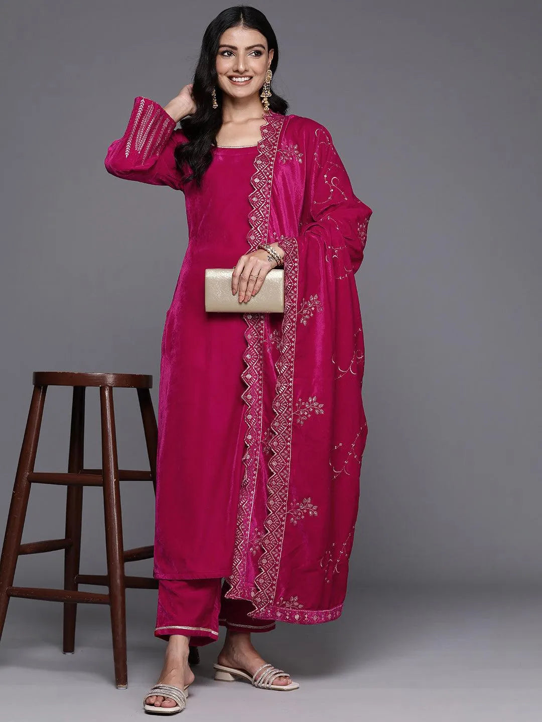 Libas Pink Solid Velvet Straight Suit With Dupatta