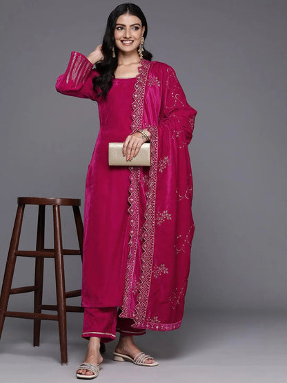 Libas Pink Solid Velvet Straight Suit With Dupatta