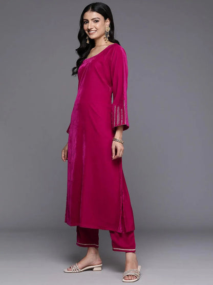 Libas Pink Solid Velvet Straight Suit With Dupatta