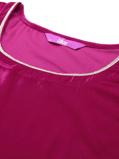 Libas Pink Solid Velvet Straight Suit With Dupatta