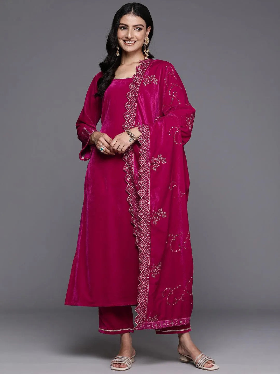 Libas Pink Solid Velvet Straight Suit With Dupatta