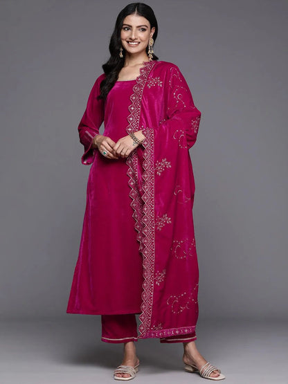 Libas Pink Solid Velvet Straight Suit With Dupatta