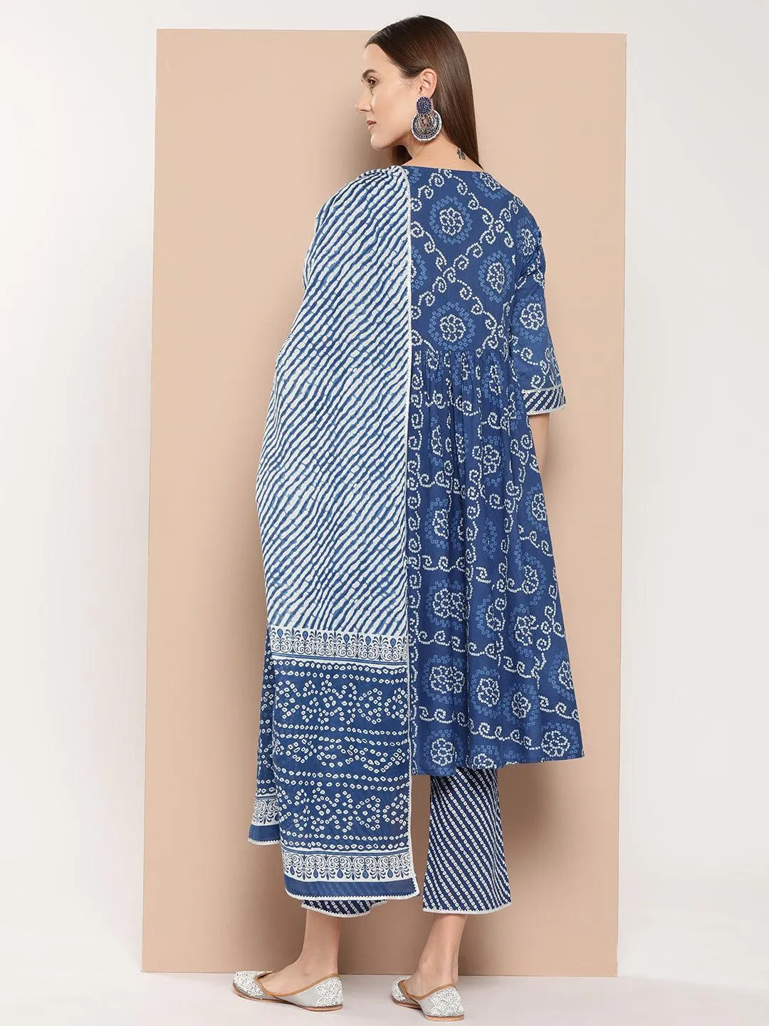 Libas Blue Printed Cotton A-Line Straight Kurta With Trousers & Dupatta