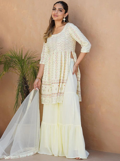 Libas Lemon Embroidered Georgette A-Line Sharara Suit Set With Dupatta