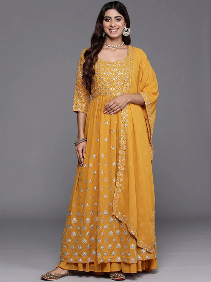 Libas Mustard Embroidered Georgette A-Line Kurta With Palazzos & Dupatta