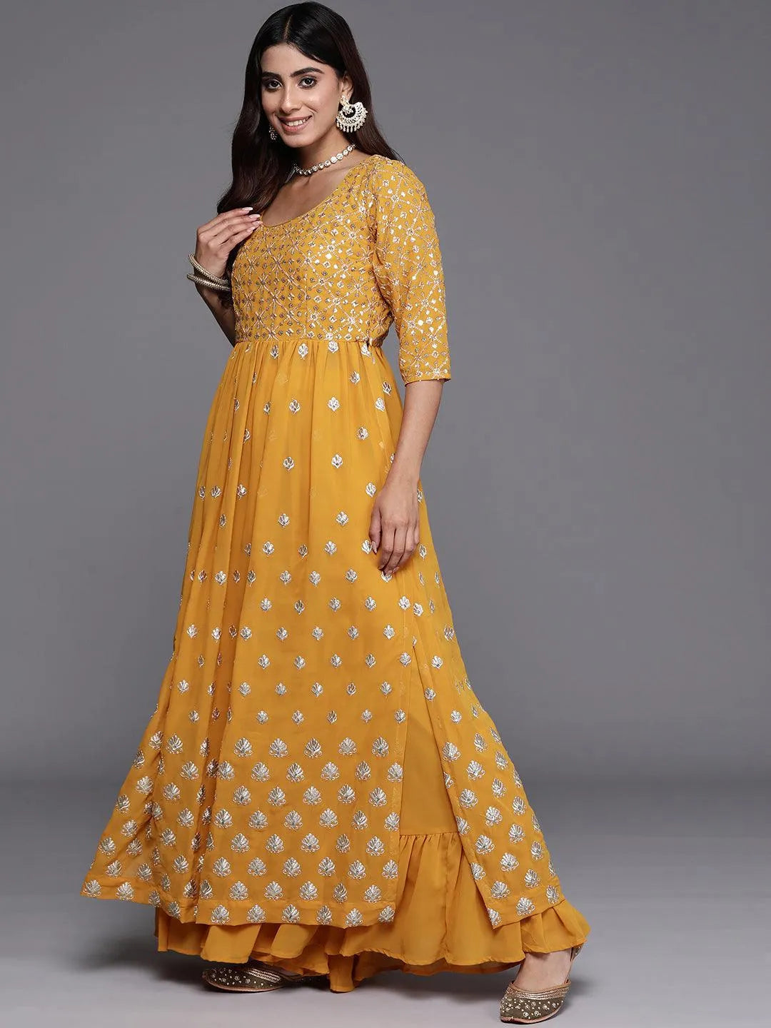 Libas Mustard Embroidered Georgette A-Line Kurta With Palazzos & Dupatta