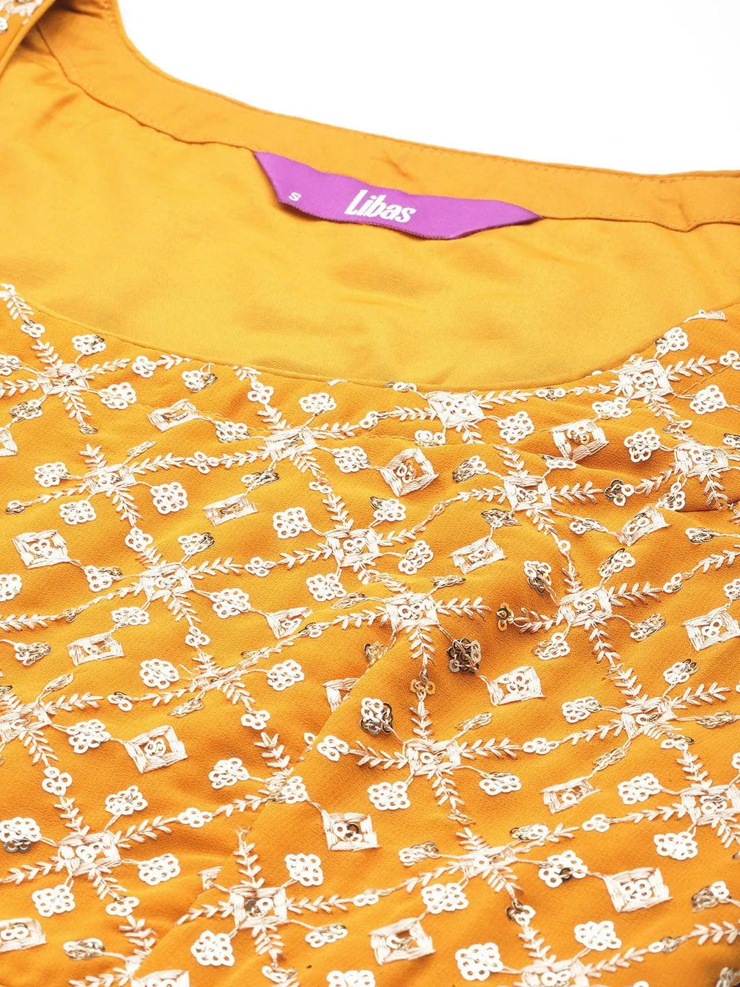 Libas Mustard Embroidered Georgette A-Line Kurta With Palazzos & Dupatta