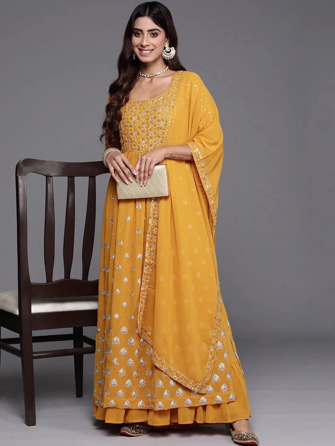 Libas Mustard Embroidered Georgette A-Line Kurta With Palazzos & Dupatta