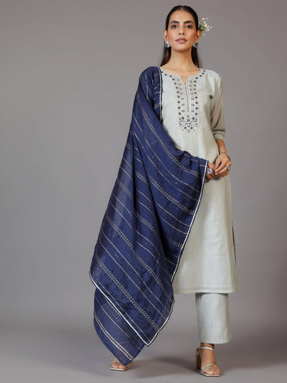 Libas Grey Yoke Design Chanderi Silk Straight Kurta With Trousers & Dupatta