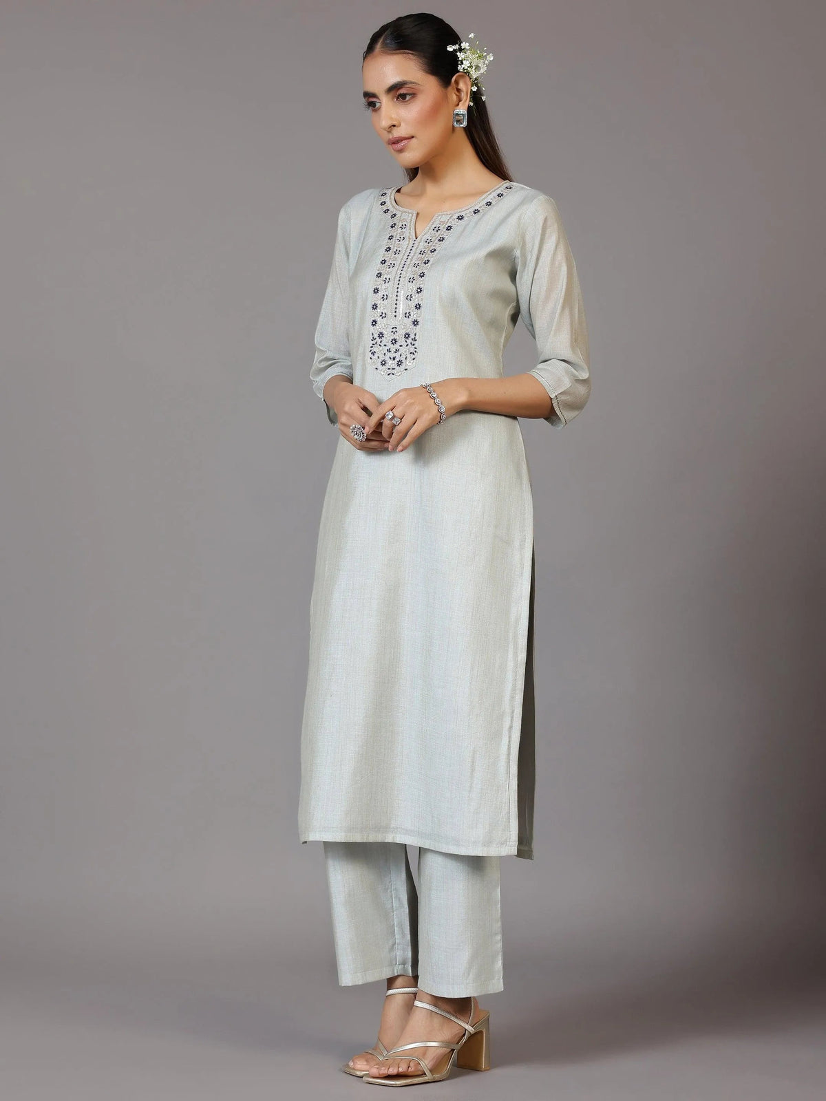 Libas Grey Yoke Design Chanderi Silk Straight Kurta With Trousers & Dupatta