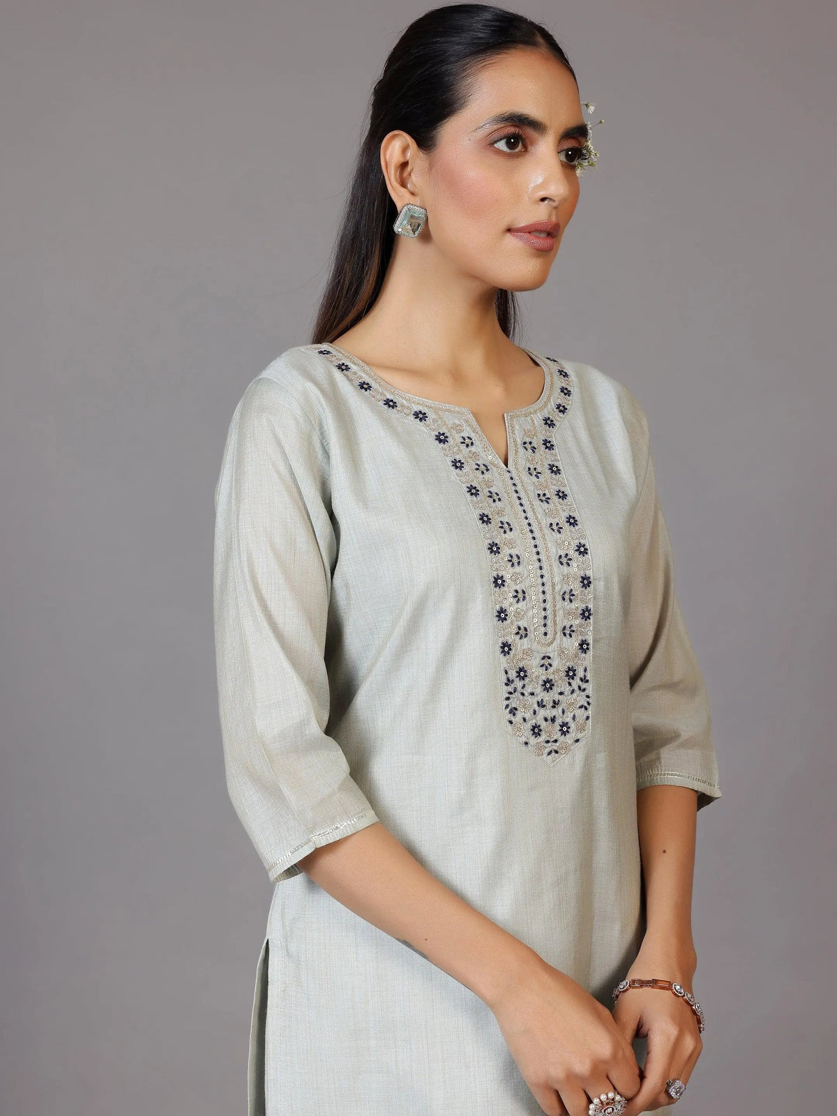 Libas Grey Yoke Design Chanderi Silk Straight Kurta With Trousers & Dupatta