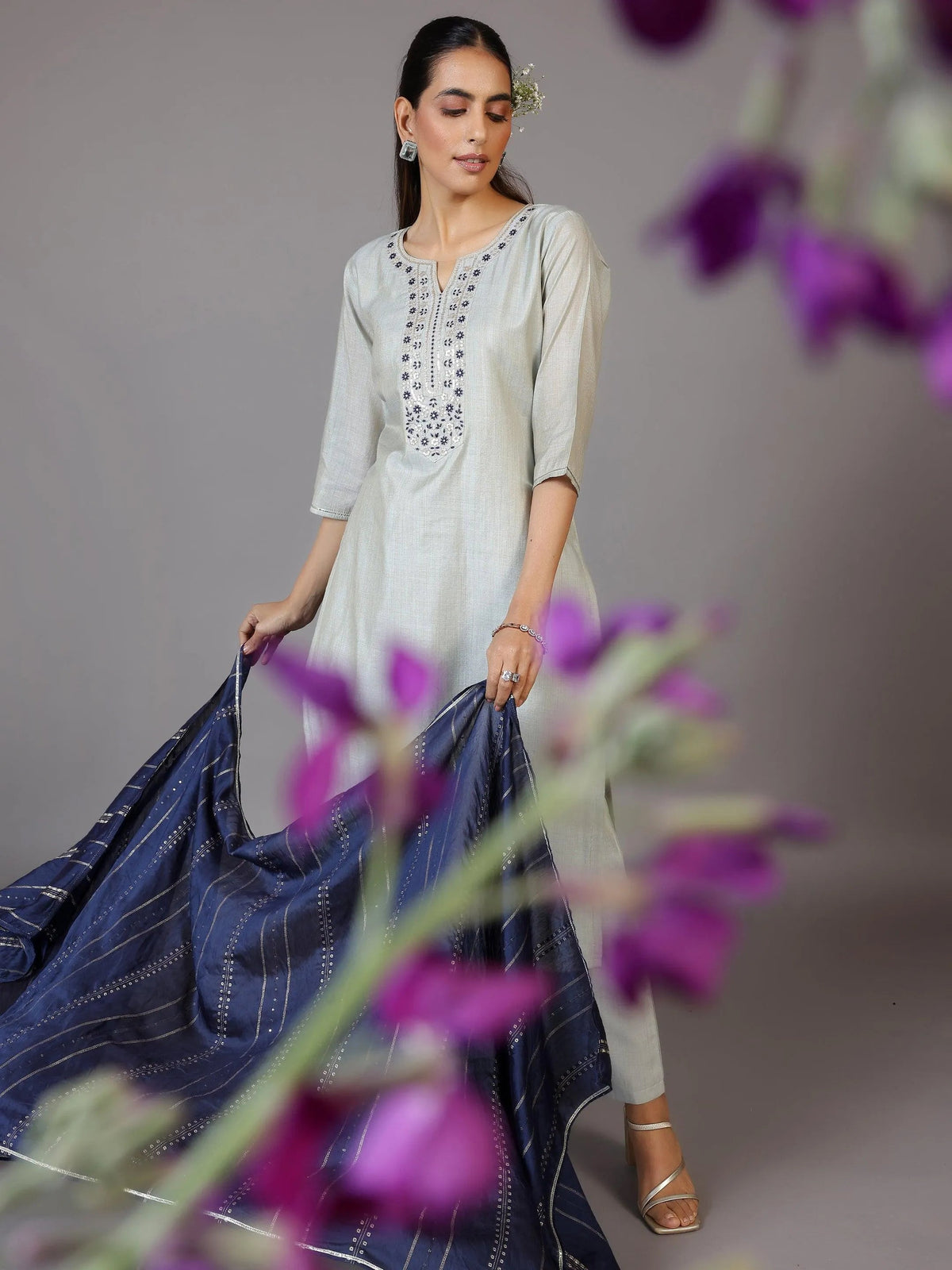 Libas Grey Yoke Design Chanderi Silk Straight Kurta With Trousers & Dupatta