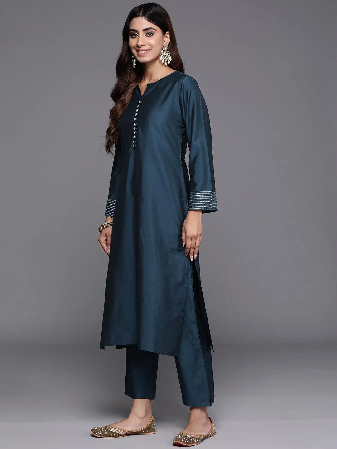 Libas Blue Solid Silk Blend Straight Suit With Dupatta