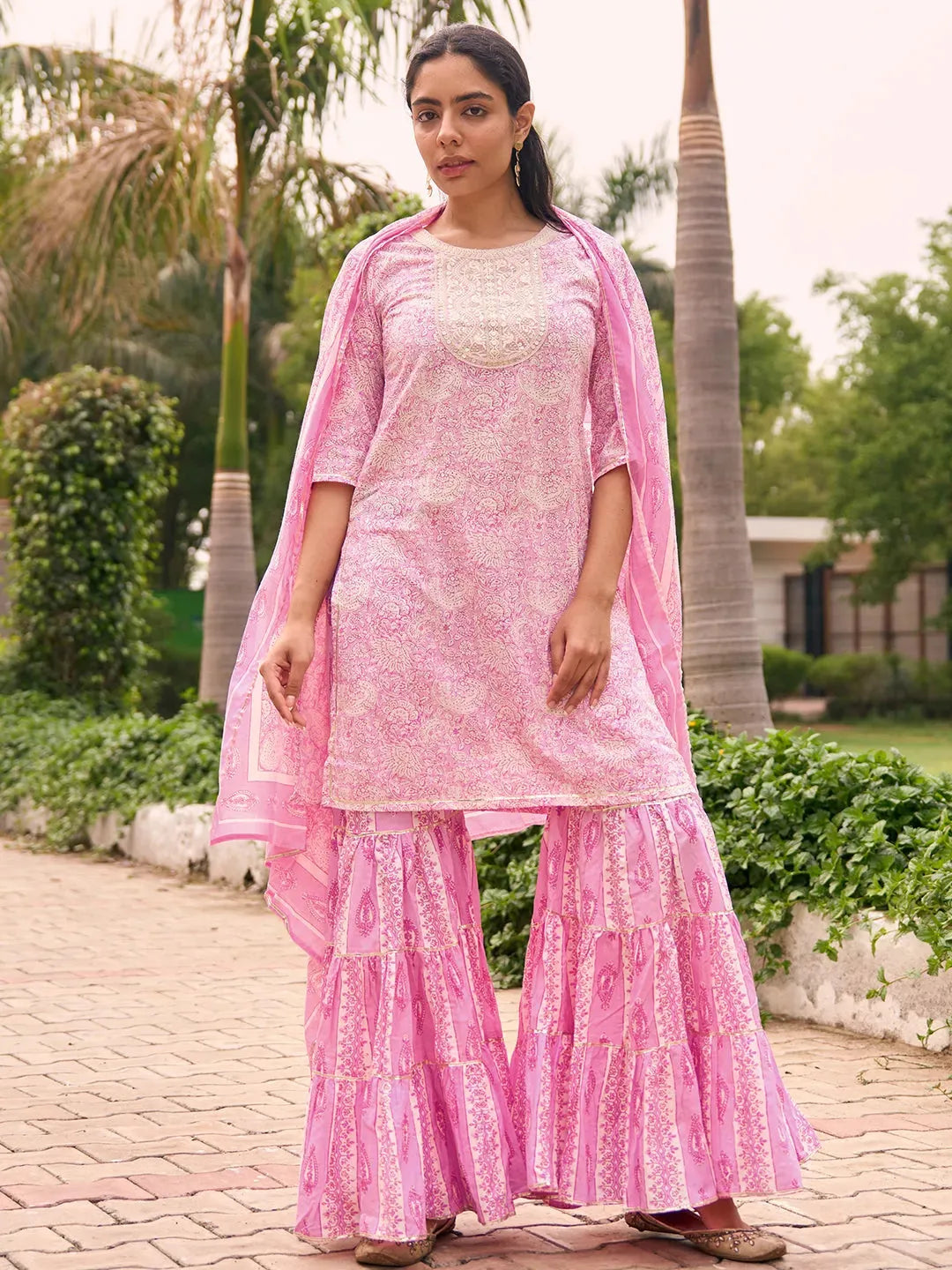 Libas Pink Yoke Design Cotton Straight Suit With Dupatta