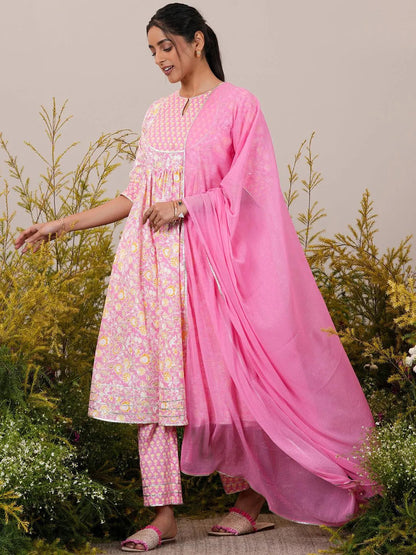 Libas Pink Yoke Design Cotton Anarkali Suit With Dupatta