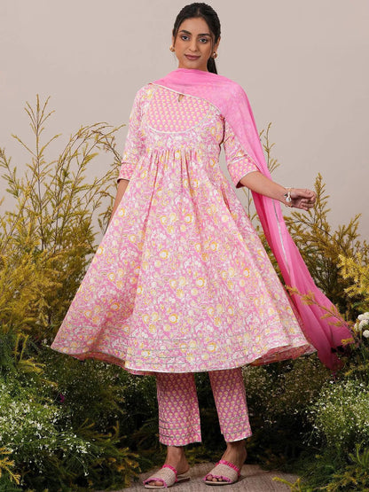 Libas Pink Yoke Design Cotton Anarkali Suit With Dupatta