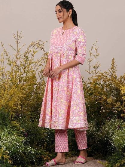 Libas Pink Yoke Design Cotton Anarkali Suit With Dupatta