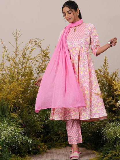 Libas Pink Yoke Design Cotton Anarkali Suit With Dupatta