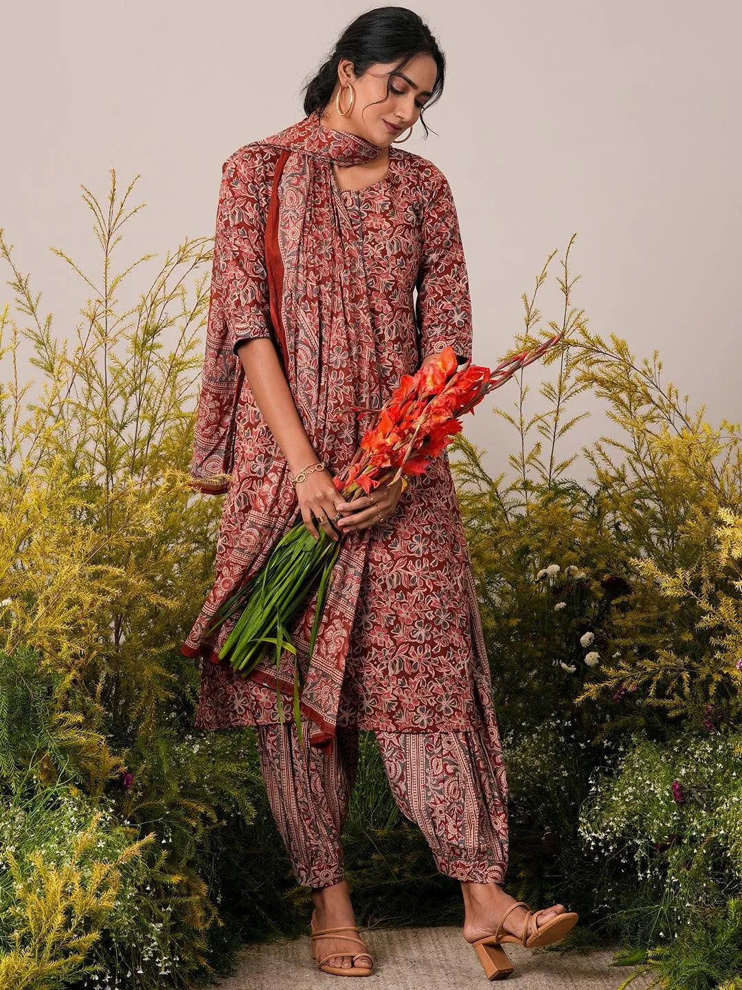 Gerua Rust Printed Cotton Blend Straight Suit With Dupatta