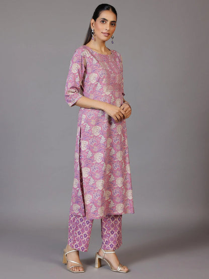 Libas Mauve Printed Cotton Straight Suit With Dupatta