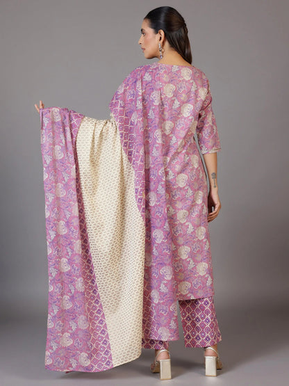 Libas Mauve Printed Cotton Straight Suit With Dupatta