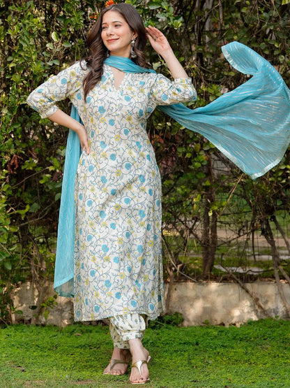 Libas Off White Printed Cotton Straight Suit With Dupatta