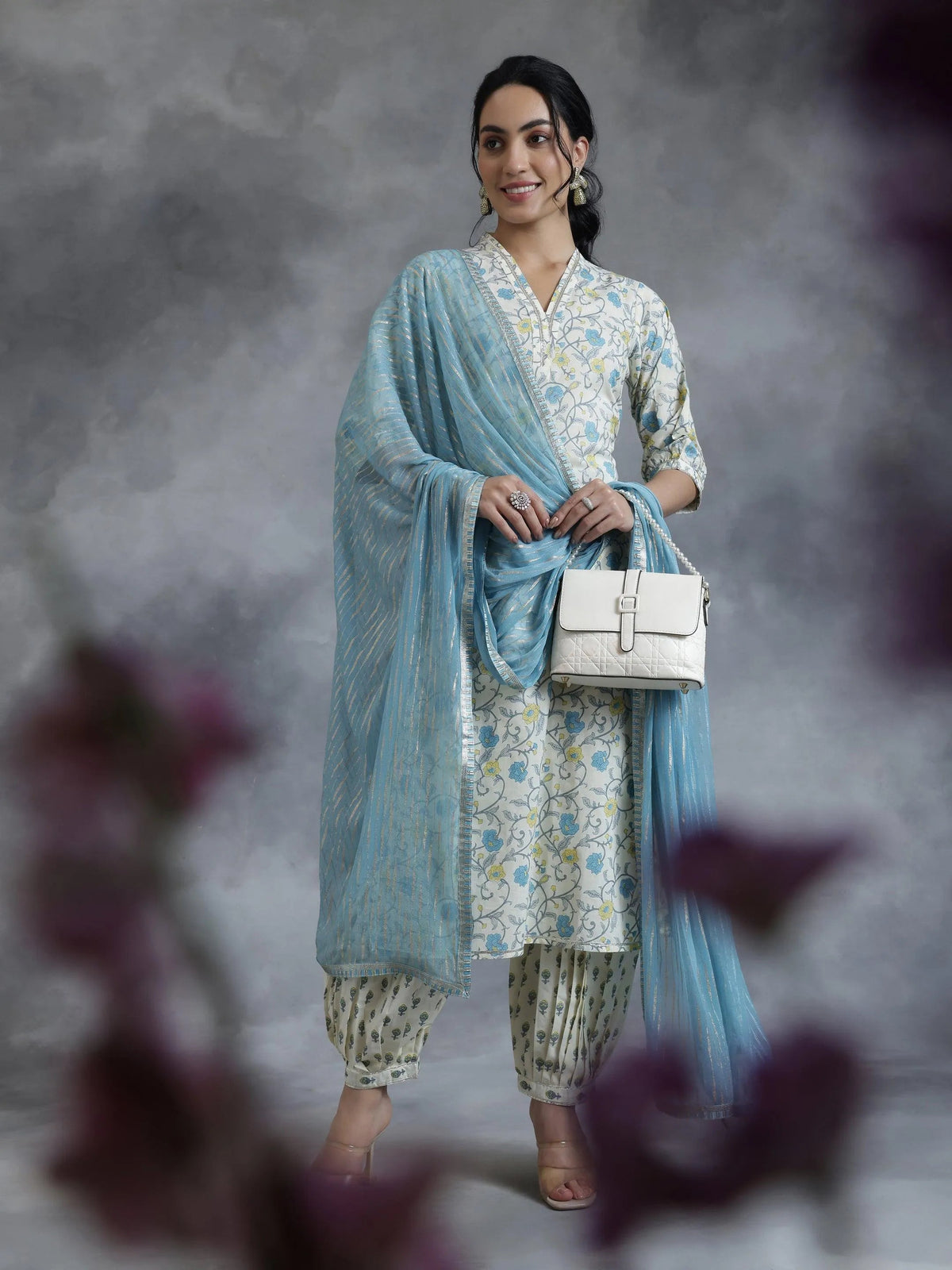 Libas Off White Printed Cotton Straight Suit With Dupatta