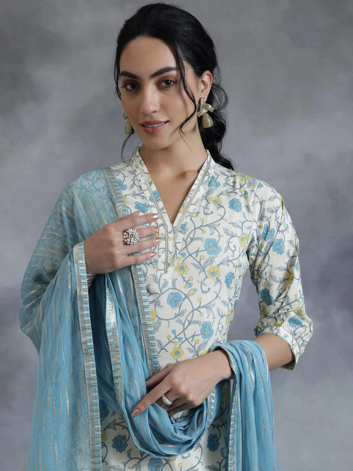 Libas Off White Printed Cotton Straight Suit With Dupatta