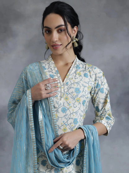 Libas Off White Printed Cotton Straight Suit With Dupatta