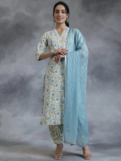 Libas Off White Printed Cotton Straight Suit With Dupatta