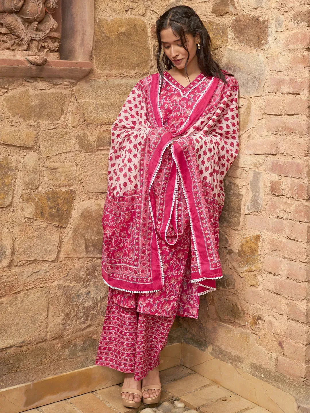 Libas Pink Printed Cotton Straight Suit With Dupatta