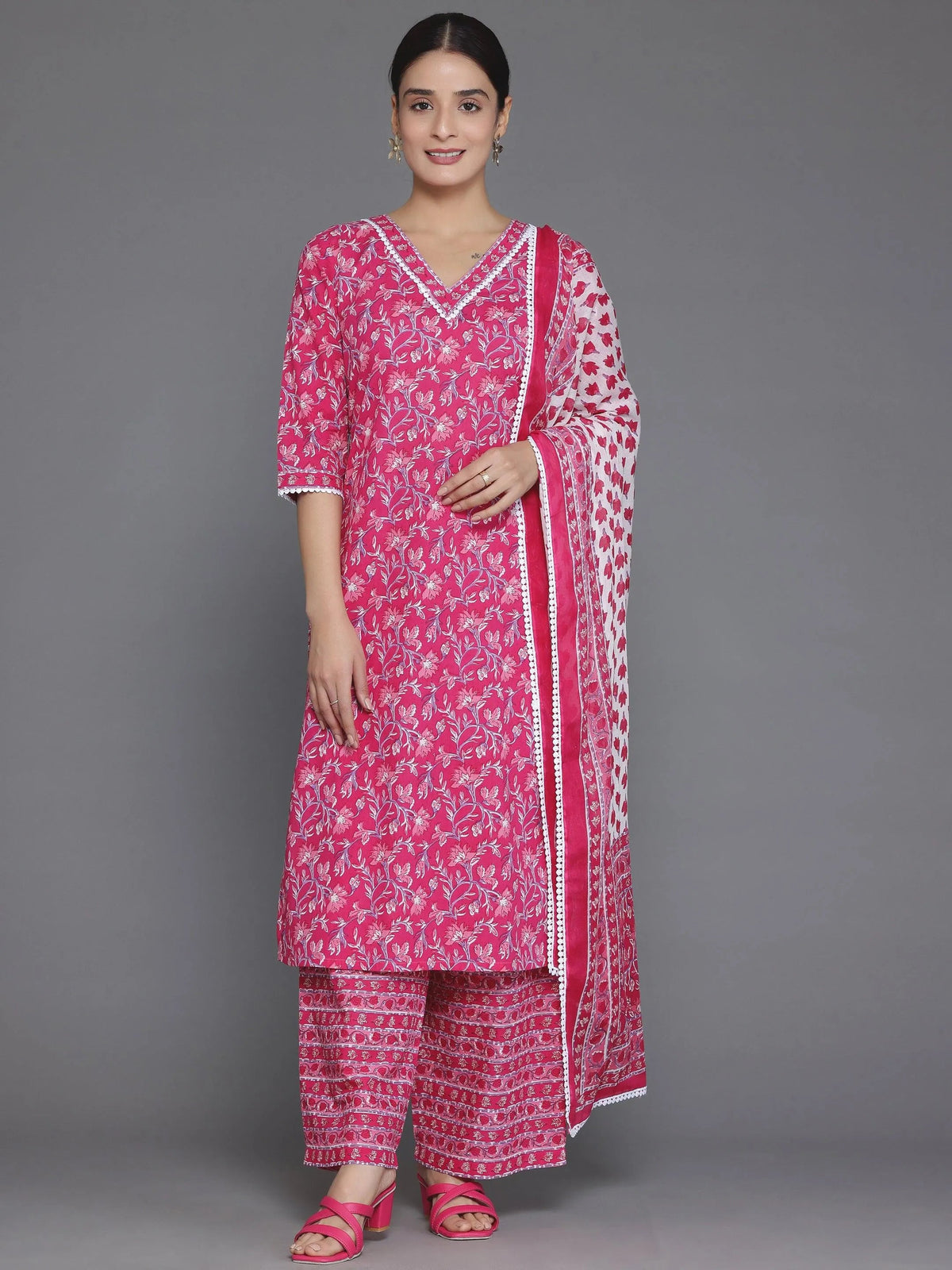 Libas Pink Printed Cotton Straight Suit With Dupatta