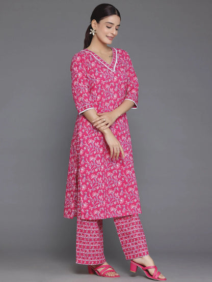 Libas Pink Printed Cotton Straight Suit With Dupatta