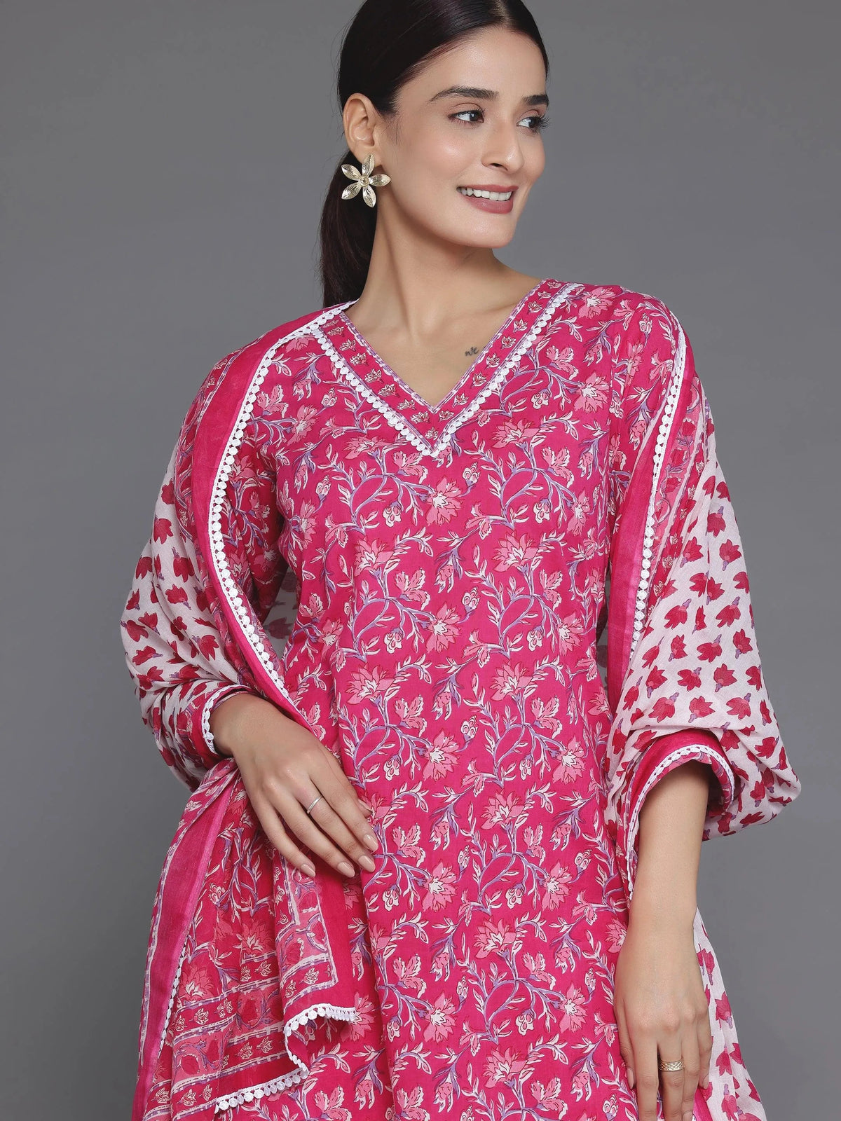 Libas Pink Printed Cotton Straight Suit With Dupatta