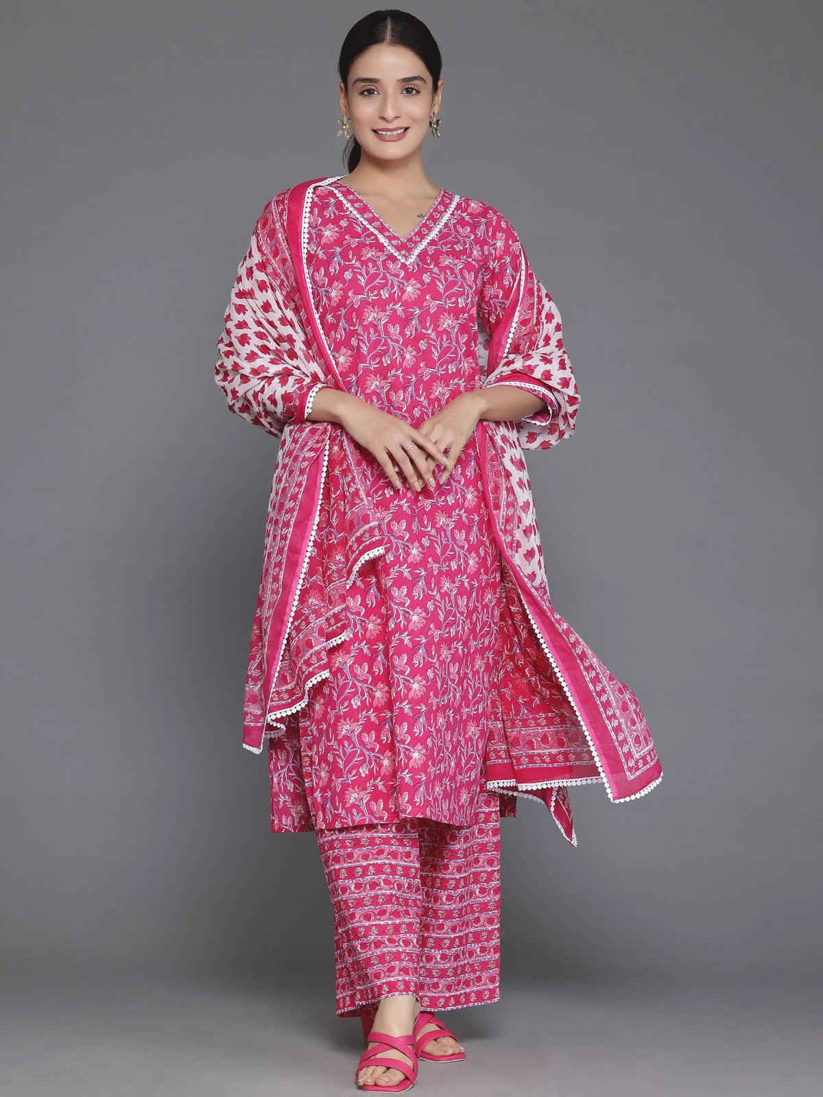 Libas Pink Printed Cotton Straight Suit With Dupatta