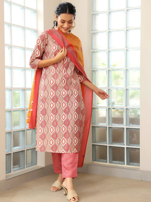 Gerua Mauve Printed Silk Blend Straight Suit With Dupatta