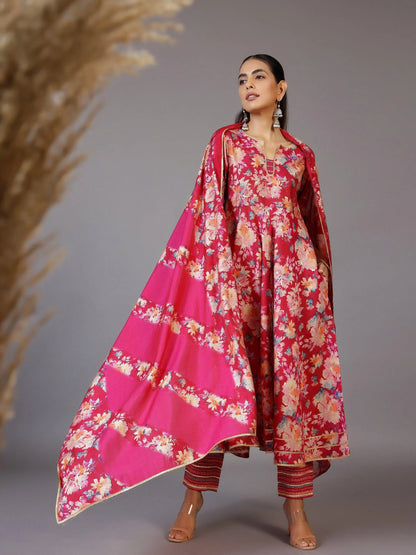 Libas Pink Printed Silk Blend Anarkali Suit With Dupatta