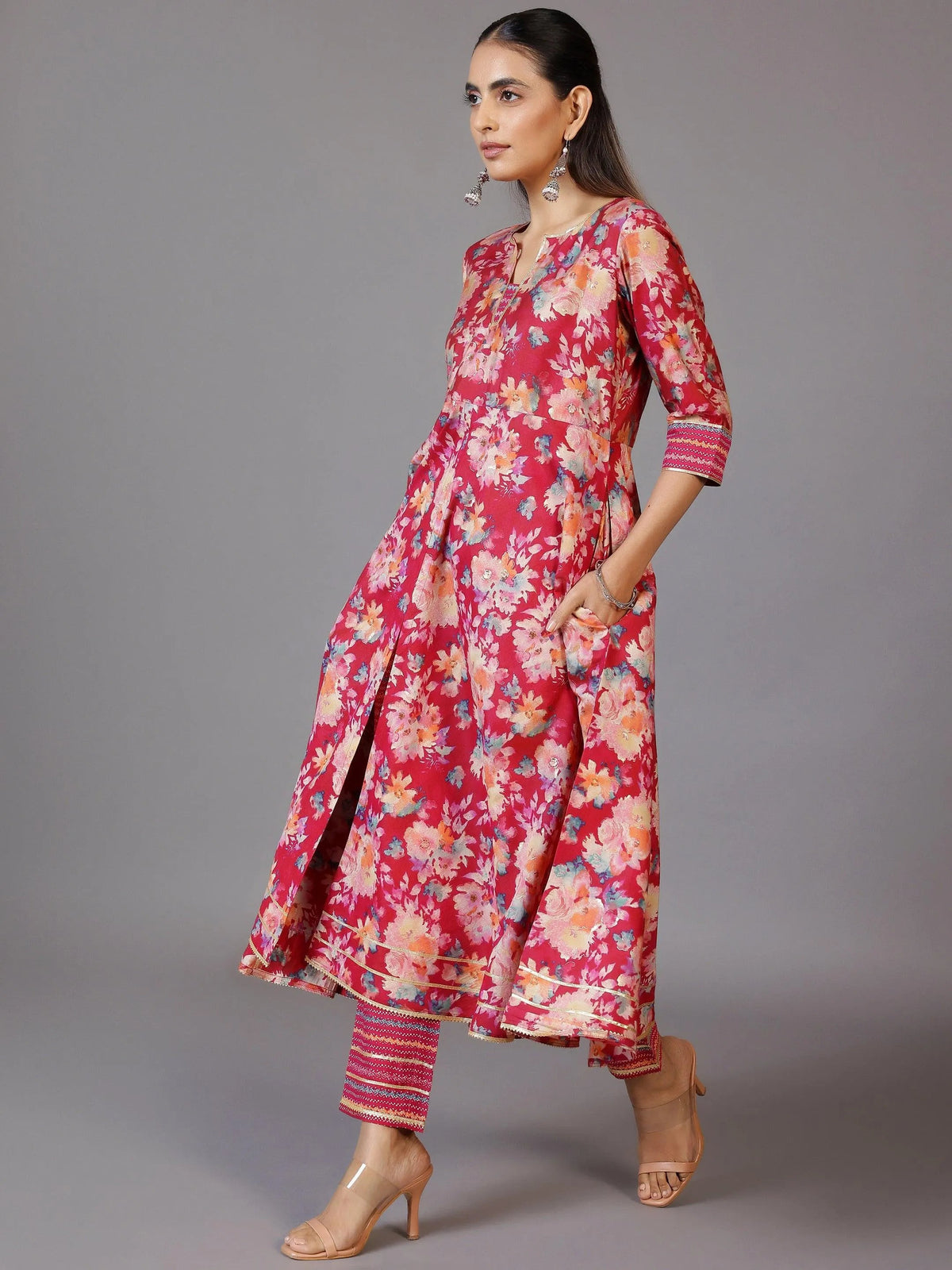 Libas Pink Printed Silk Blend Anarkali Suit With Dupatta