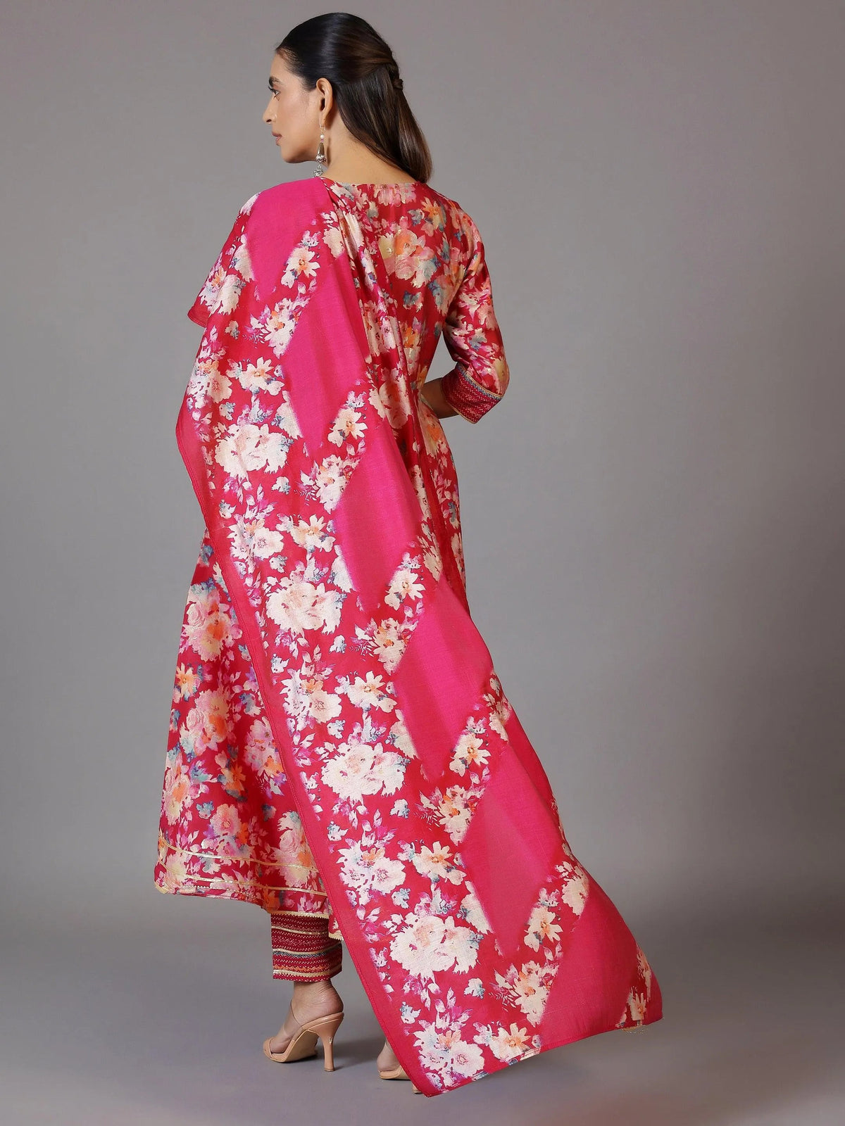 Libas Pink Printed Silk Blend Anarkali Suit With Dupatta
