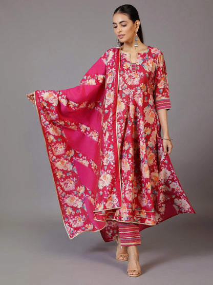 Libas Pink Printed Silk Blend Anarkali Suit With Dupatta