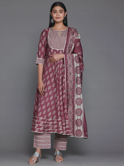 Libas Mauve Printed Silk Blend Anarkali Suit With Dupatta