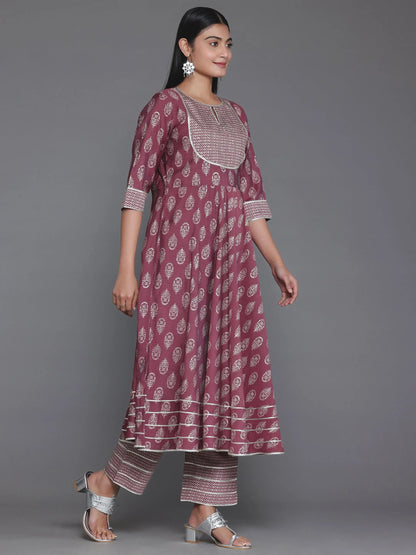 Libas Mauve Printed Silk Blend Anarkali Suit With Dupatta