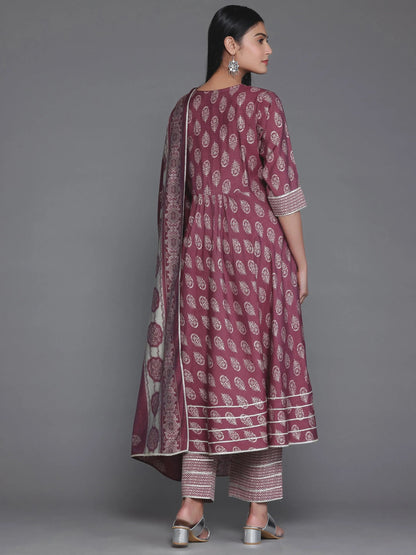 Libas Mauve Printed Silk Blend Anarkali Suit With Dupatta