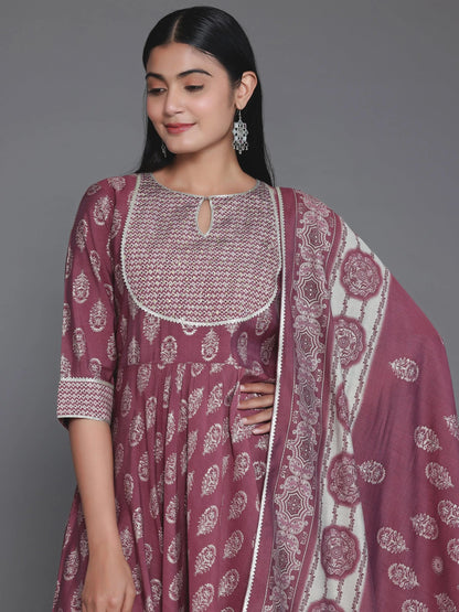 Libas Mauve Printed Silk Blend Anarkali Suit With Dupatta