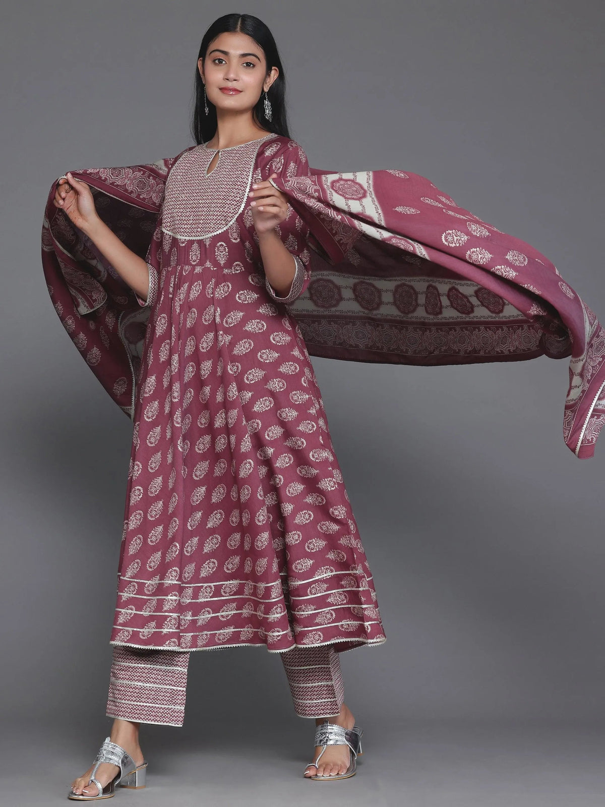 Libas Mauve Printed Silk Blend Anarkali Suit With Dupatta