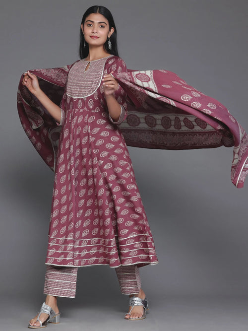 Libas Mauve Printed Silk Blend Anarkali Suit With Dupatta