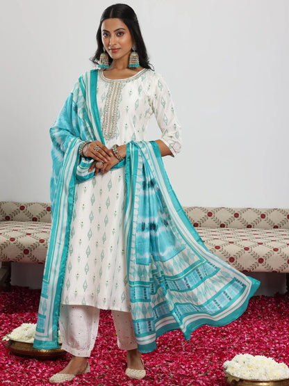 Gerua Off White Printed Silk Blend Straight Suit With Dupatta