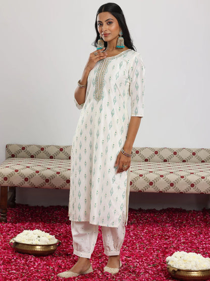 Gerua Off White Printed Silk Blend Straight Suit With Dupatta